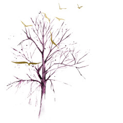 Old tree and a flock of birds, Watercolor trees.