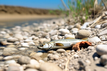 Drought, dried up river, river without water and fish without water, ecological issue. Ai illustration, fantasy digital painting, Generative AI