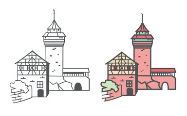Illustration of Nuremberg Castle, isolated elements on the neutral background.