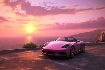 Fototapeta na wymiar Pink sports car parked on a cliff overlooking a breathtaking sunset, evoking a romantic atmosphere, scenic background Generative AI