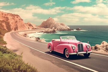Fototapeta na wymiar Pink convertible car driving along a coastal road with a romantic atmosphere, scenic background Generative AI