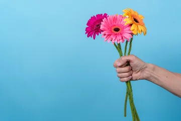 Zelfklevend Fotobehang pink and yellow gerbera flowers in the outstretched hand of a man © Андрей Знаменский
