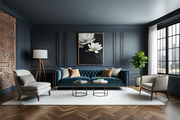 Fototapeta premium 3D mockup of canvas frame with a frame in a modern home, living room, bedroom interior background, showcasing a room in light pastel colors, Created using AI