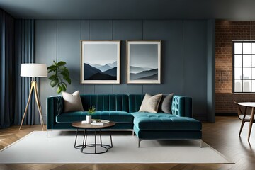 3D mockup of canvas frame with a frame in a modern home, living room, bedroom interior background, showcasing a room in light pastel colors, Created using AI