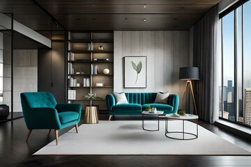 3D mockup of canvas frame with a frame in a modern home, living room, bedroom interior background, showcasing a room in light pastel colors, Created using AI