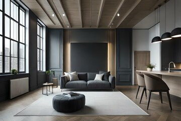 Fototapeta premium 3D mockup of canvas frame with a frame in a modern home, living room, bedroom interior background, showcasing a room in light pastel colors, Created using AI