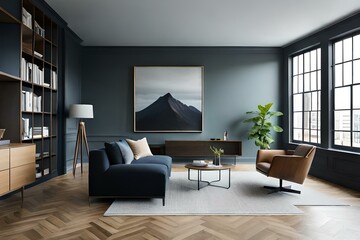 Fototapeta premium 3D mockup of canvas frame with a frame in a modern home, living room, bedroom interior background, showcasing a room in light pastel colors, Created using AI