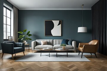 Fototapeta premium 3D mockup of canvas frame with a frame in a modern home, living room, bedroom interior background, showcasing a room in light pastel colors, Created using AI