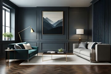Fototapeta premium 3D mockup of canvas frame with a frame in a modern home, living room, bedroom interior background, showcasing a room in light pastel colors, Created using AI