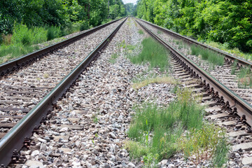 Railway track in summer. Close-up.