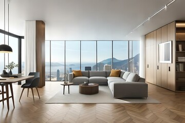 Fototapeta premium 3D mockup of canvas frame with a frame in a modern home, living room, bedroom interior background, showcasing a room in light pastel colors, Created using AI