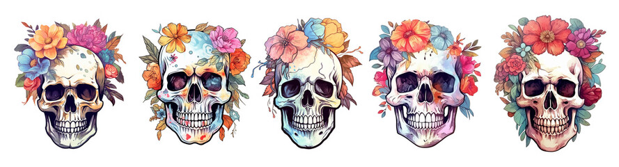 Set of floral human skulls watercolor style. Generative ai.
