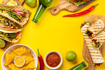 Mexican food featuring tacos, burritos, nachos, burgers