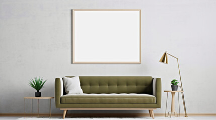A living room with a green couch and a lamp. Generative AI. Poster canvas mockup.