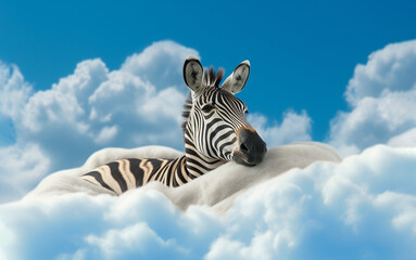 Fototapeta na wymiar Zebra lying on a cloud in the blue sky, dreaming, relaxing. Generative ai 