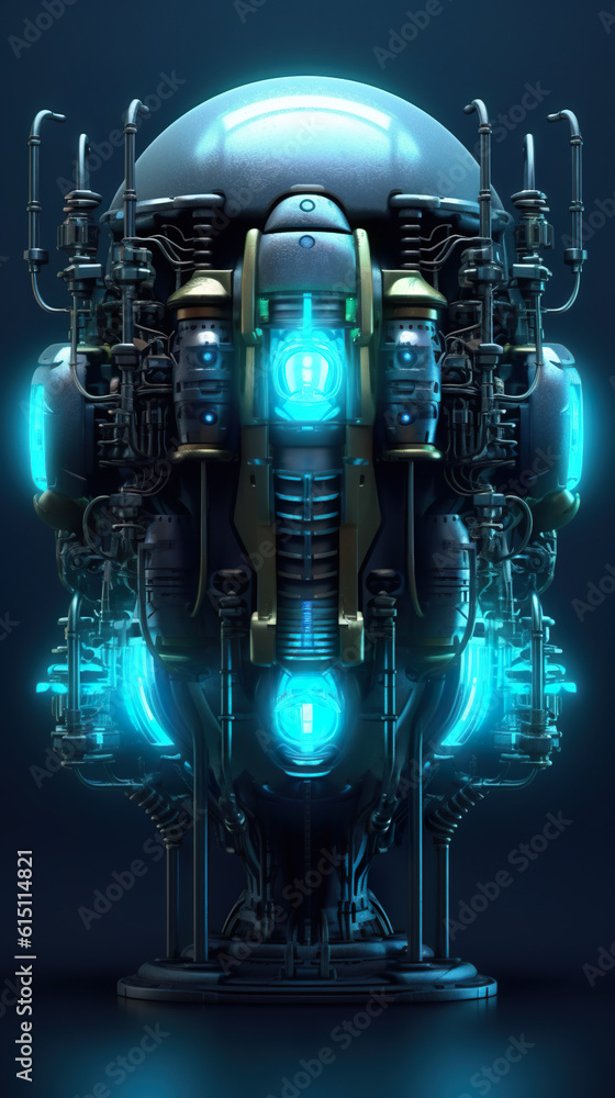 Poster a futuristic looking machine with glowing lights on it
