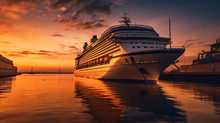 Fototapeta na wymiar Luxury cruise ship leaving port at sunset