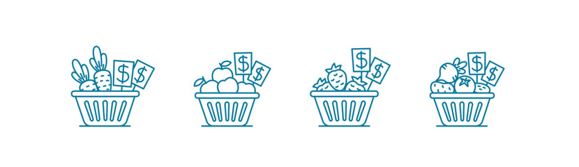 Vegetable market. Basket with groceries. Icon set. Editable outline. Vector line.
