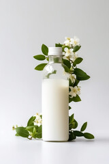 A bottle of milk and some flowers on a table. Generative AI. Blank beauty product mockup.