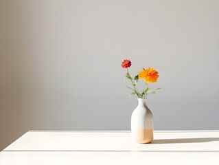 A vase of multicolor flowers sits on a table, against a white background. Created with Generative AI Technology