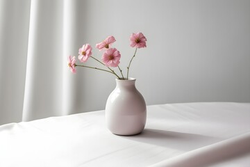 A vase of multicolor flowers sits on a table, against a white background. Created with Generative AI Technology