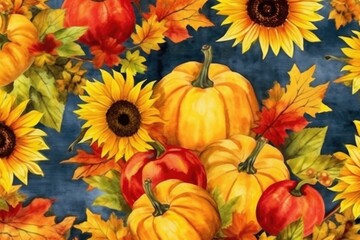 Naklejka na ściany i meble Watercolor illustration of pumpkins and autumn flowers. Generative AI