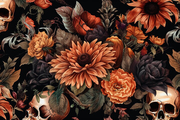 Stunning Halloween floral decoupage pattern with skulls, Generative AI