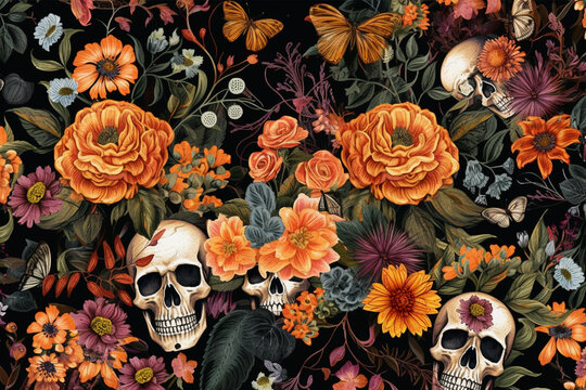 Stunning Halloween floral decoupage pattern with skulls, Generative AI