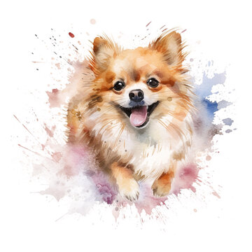 A watercolor painting of a small dog on a white background. Generative AI.