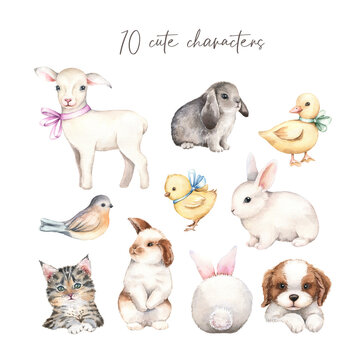 Watercolor set of illustrations with cute pets. Farm baby animals. Hand drawn artwork. Lamb, rabbit, duckling, chicken, cat, dog, bird isolated on white background.