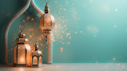 Islamic background with a hang lantern, with copy space for text, design concept of Ramadan Kareem Eid ul Adha Banner Background - obrazy, fototapety, plakaty