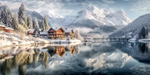 Foto op Plexiglas Winter Landscape and Village in the European Alps Christmas Advent Wallpaper Background Generative AI Digital Art Kunst Illustration Journal © Korea Saii