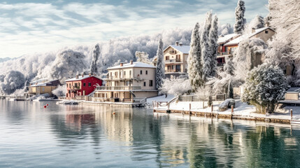 Fototapeta premium Winter Landscape and Village in the European Alps Christmas Advent Wallpaper Background Generative AI Digital Art Kunst Illustration Journal