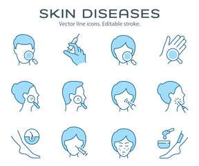 Skin diseases icons, such as psoriasis, sunburn, rosacea, bruise and more. Editable stroke. Change to any size and any colour.