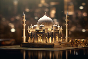 Highlighted Golden Mosque in a dark night  Eid ul Adha Banner Background