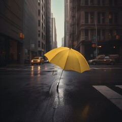 a yellow umbrella floating at mid air in the rainy street. created with generative AI technology