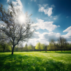 Obraz premium view spring nature with a neatly trimmed lawn surrounded by trees ,generative ai