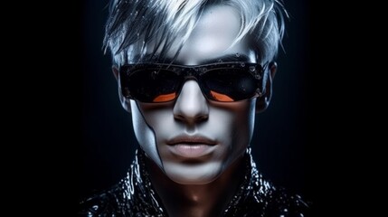 Fashion portrait of a stylish glamorous, sexy man in designer sunglasses, brutal model face in makeup and effects. Created with AI - obrazy, fototapety, plakaty