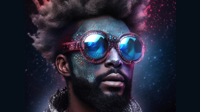 Fashion portrait of a stylish glamorous, sexy man in designer sunglasses, brutal model face in makeup and effects. Created with AI