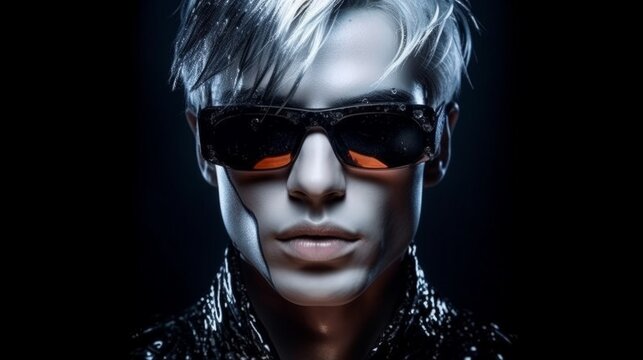 Fashion portrait of a stylish glamorous, sexy man in designer sunglasses, brutal model face in makeup and effects. Created with AI