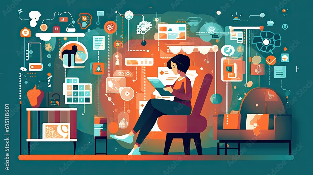 Poster woman using a tablet computer to stay connected flat illustration - generative ai.