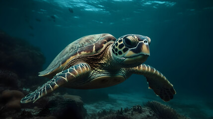 Fototapeta premium Hawksbill Turtle in the sea. Generative AI