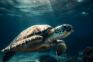 Hawksbill Turtle in the sea. Generative AI