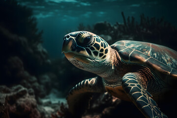 Fototapeta na wymiar Hawksbill Turtle in the sea. Generative AI
