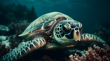 Fototapeta premium Hawksbill Turtle in the sea. Generative AI