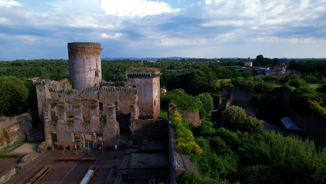 Italy travel and landmarks. Famous historic Etruscan city Nepi in Tuscia, Viterbo province. Popular tourist destination and attration. Aerial drone view of ruined castle Forte dei Borgia