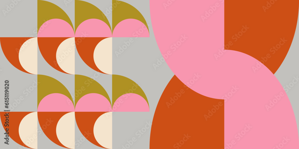 Poster Geometric abstract vector seamless pattern with circles, rectangles and squares in retro Bauhaus style. Pastel colored simple shapes graphic background.