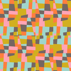 Abstract geometric vector background with random pattern of simple shapes like rectangle, square, triangle and polygon. Pastel colored retro style colorful mosaic.