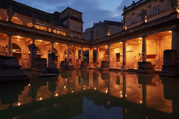 Fototapeta premium The Roman baths at twilight, illuminated by soft candlelight, evoking a sense of introspection Generative AI