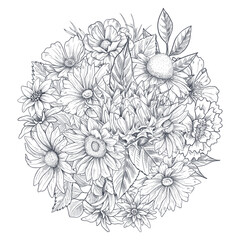 Flower bouquet hand drawn sketch illustration Wild flowers